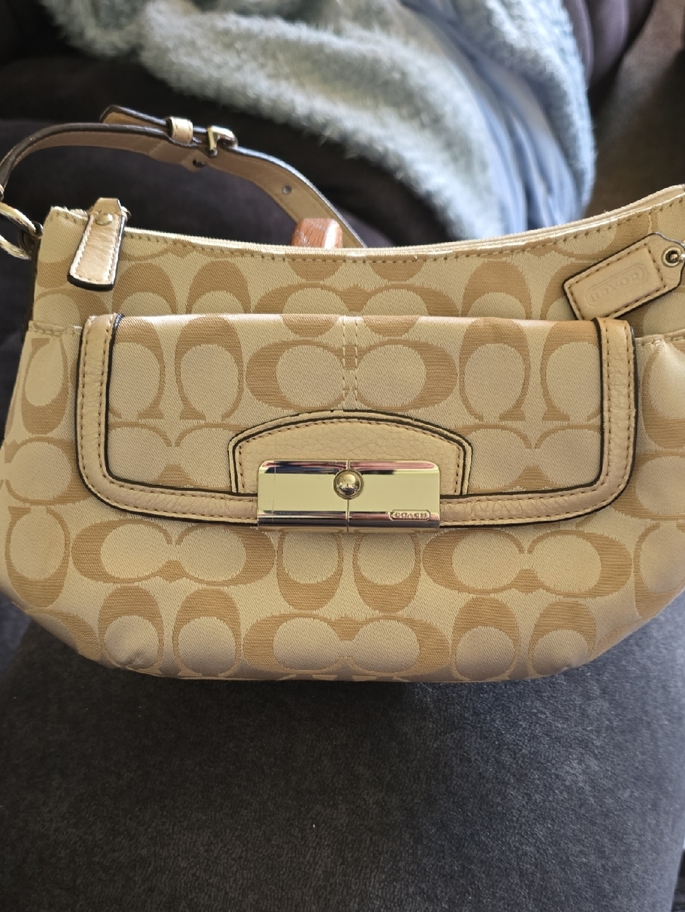 Coach Beige Signature Canvas Small Shoulder Bag with Gold-Tone Hardware EUC